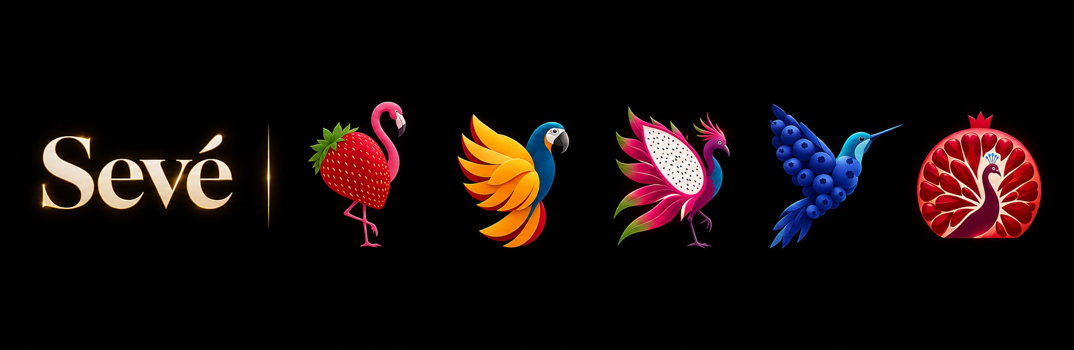SEVÉ logo with the five illustrated flavor characters