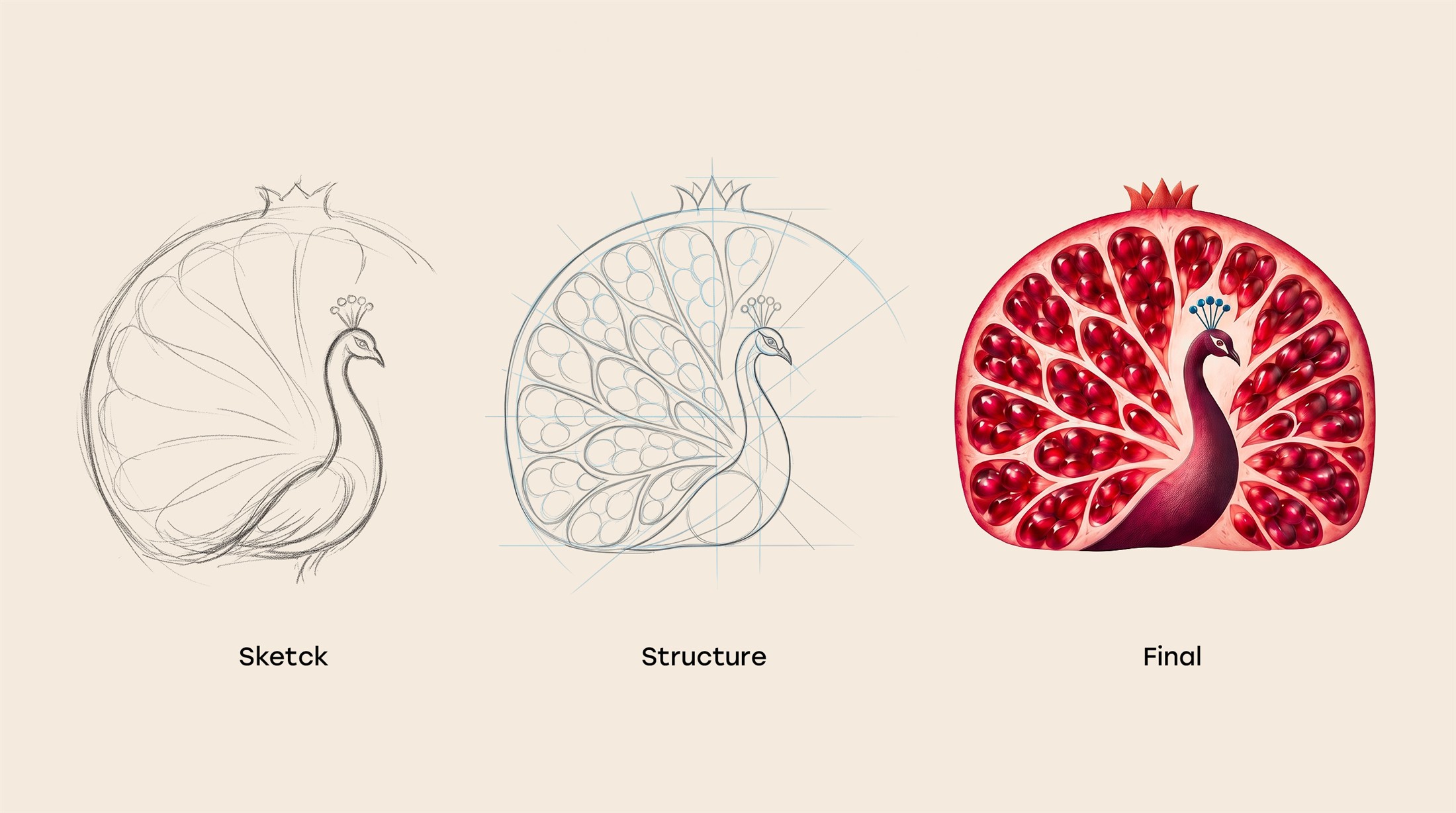 Pomegranate illustration development from sketch to final artwork