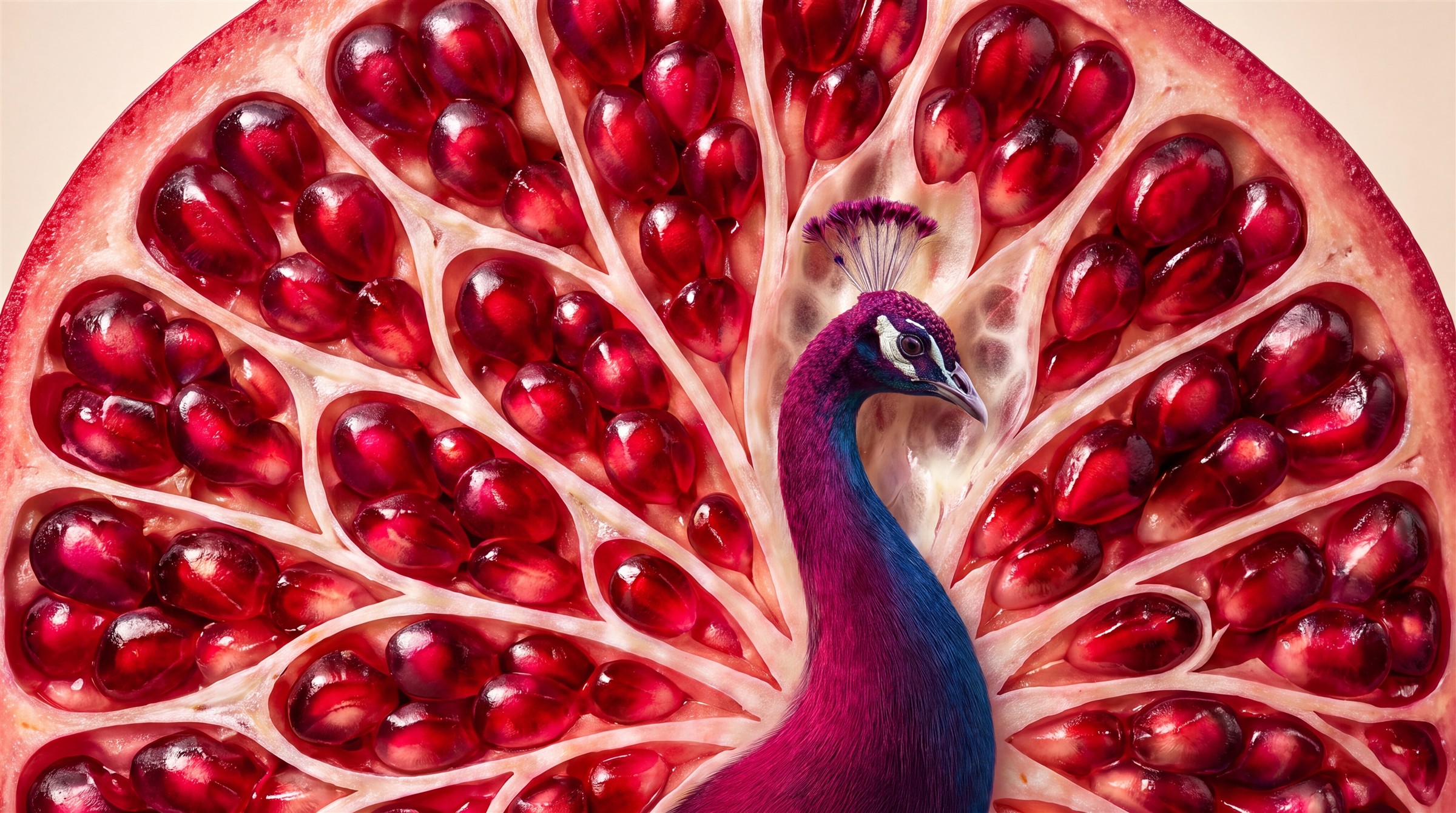 Peacock character formed from pomegranate anatomy